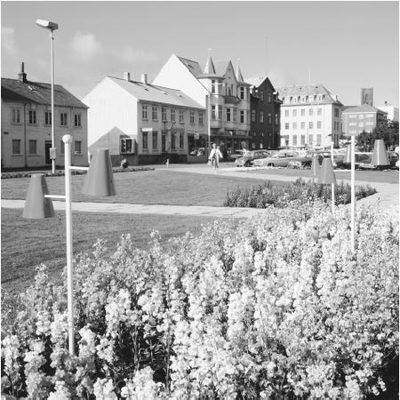 Flowers adorn a public square. Icelanders take extreme care in the upkeep of public areas.