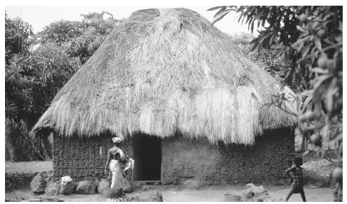 A thatched hut stands in a village on the south coast of Sierra Leone. Such traditional buildings stay cooler than those with zinc roofs and cement walls and floors but require more maintenance.