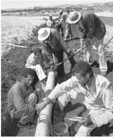 Workers installing a water pipeline for irrigation in Hitosa.
