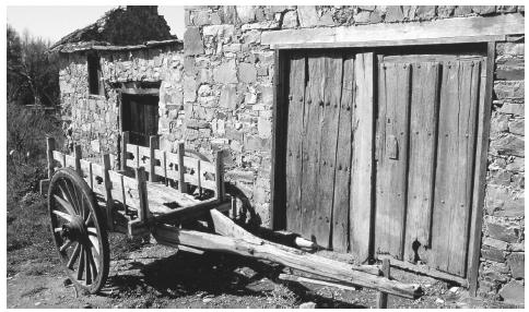 A cart outside a rural building in Castillo. Stone is a popular building material in Spain, providing strength, insulation, and privacy.